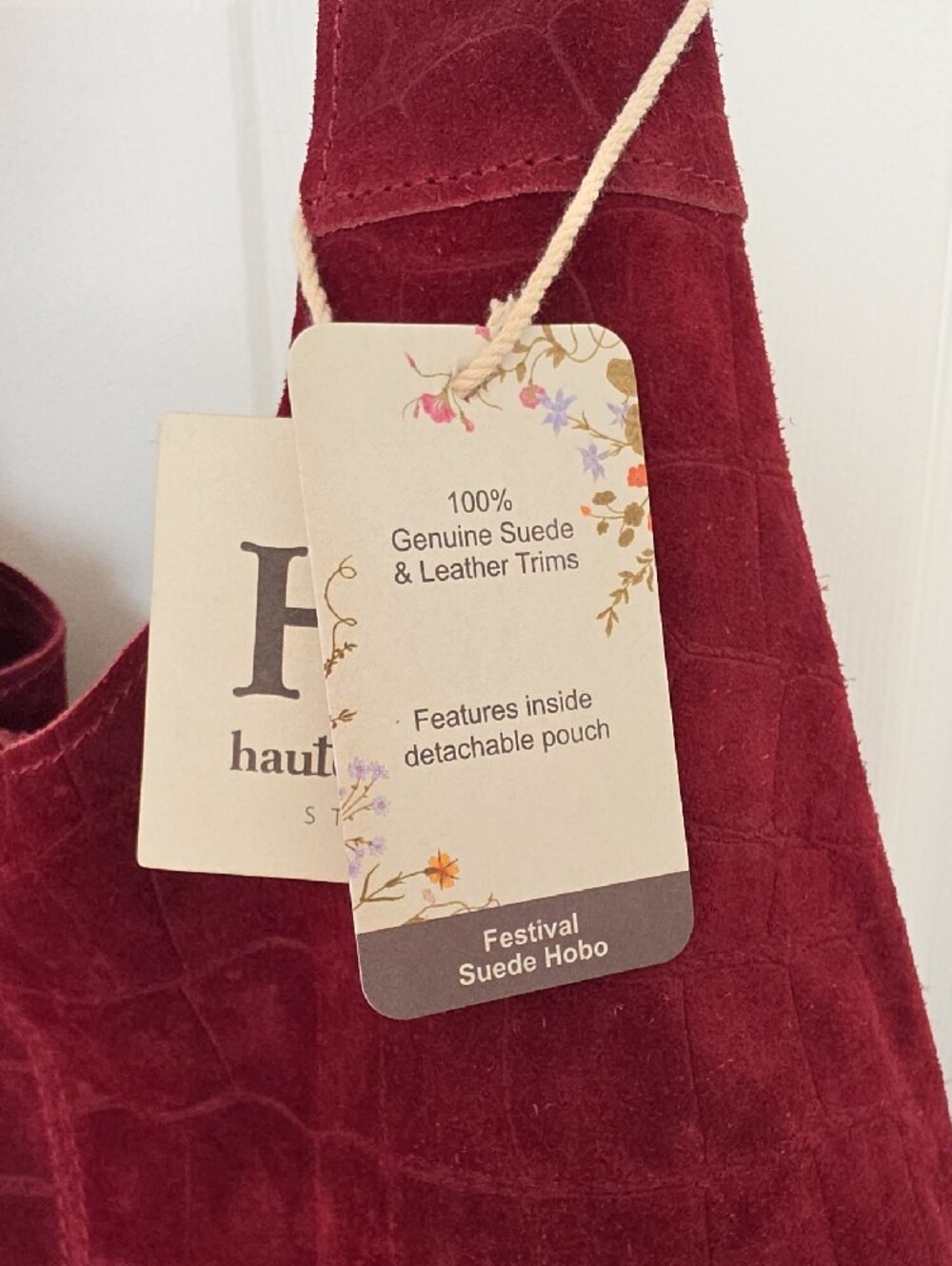 Handmade Suede Croc-Embossed Hobo Bag - Burgundy - Picture 3 of 7